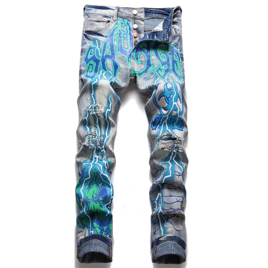 Print Jeans Streetwear Letters Lightning Painted Stretch Denim Pants Vintage Blue Ripped Button Fly Slim Tapered Trousers