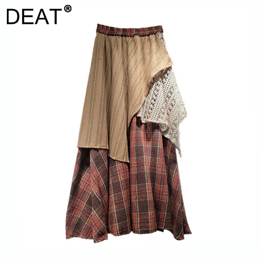 Elastic High Waist Patchwork Irregular Plaid Printed Causal A-line Long Skirts