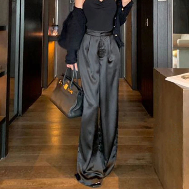 Satin Wide Leg  High Waist   Baggy Straight Trousers