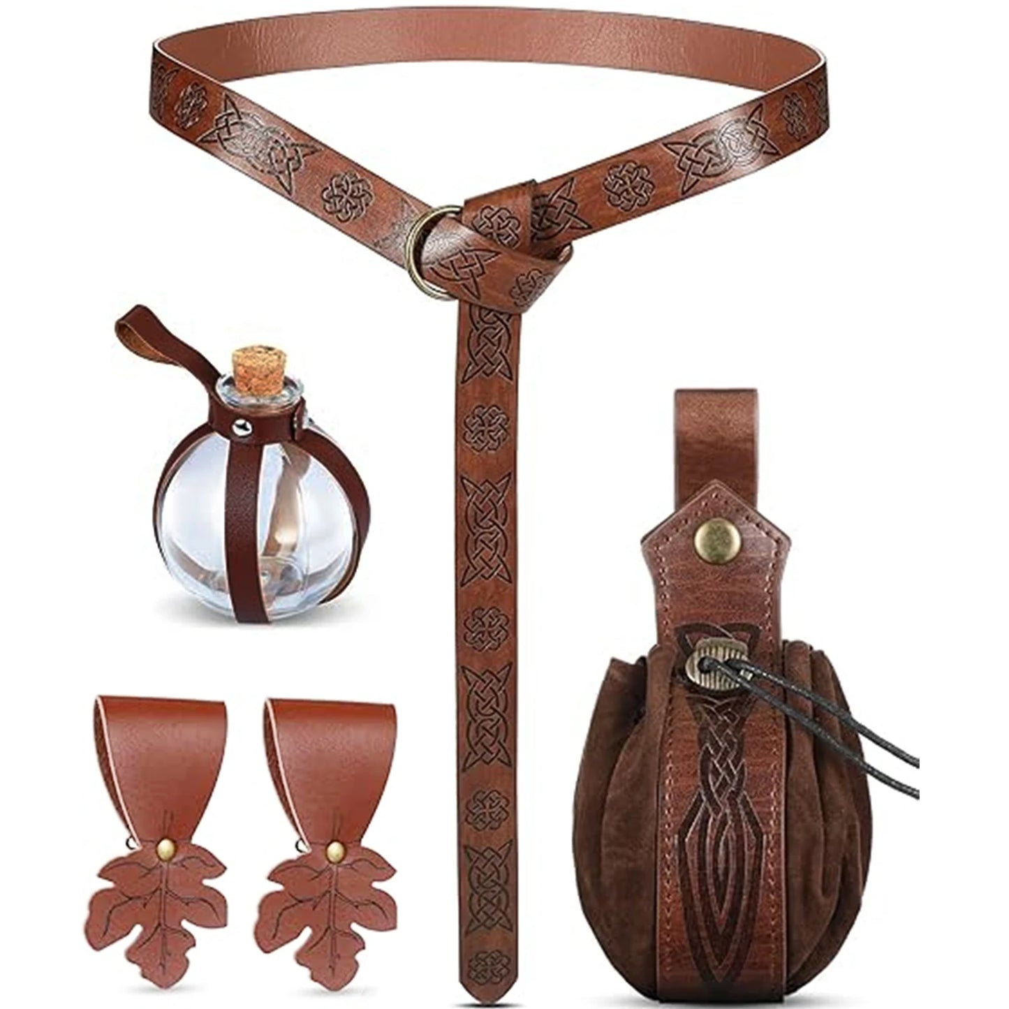 Renaissance Accessories 6 Pack Medieval Pirate PU Leather Belt Bag Cork Potion Bottle Belt