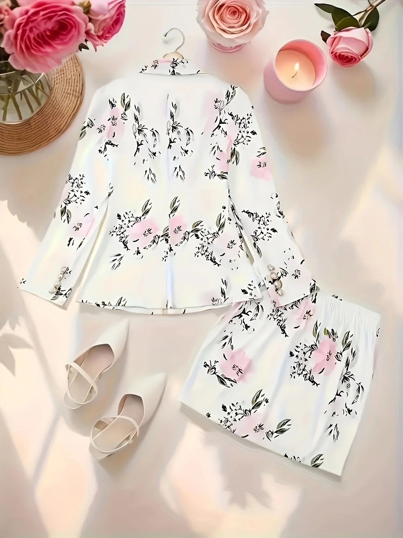Women's Thousand Bird Casual Two-Piece Suit Set, Long Sleeved Flip Top Double Breasted Suit Jacket and Mini Hip Hugging Skirt