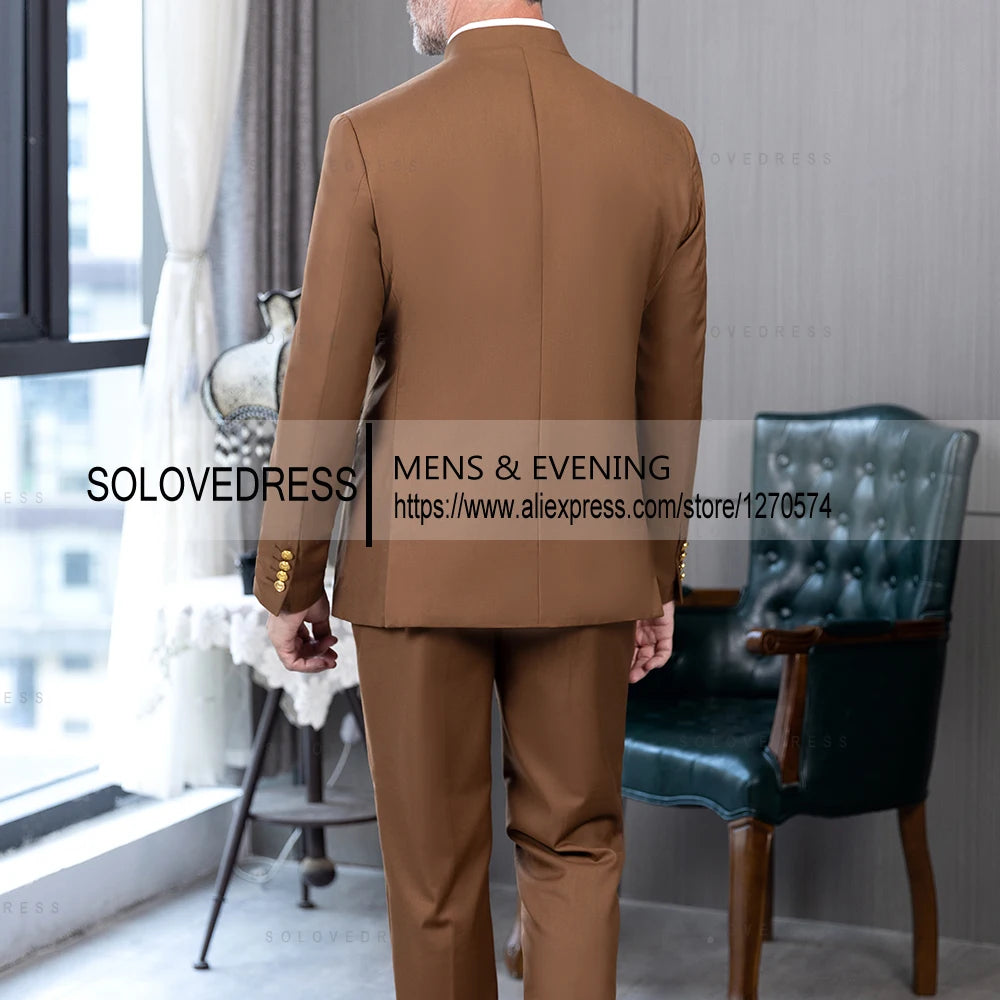 2 Piece Stand Collar Double-Breasted Chinese Style  Men's Suits With 3 Real Pocket Wedding SuitsTailored Fit (Blazer+Pants)