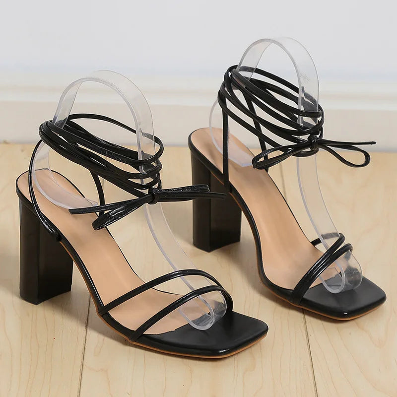 Ankle Strap Sandals Leather Cross-Tied High Heels Shoes Sexy Lace Up Party Pumps
