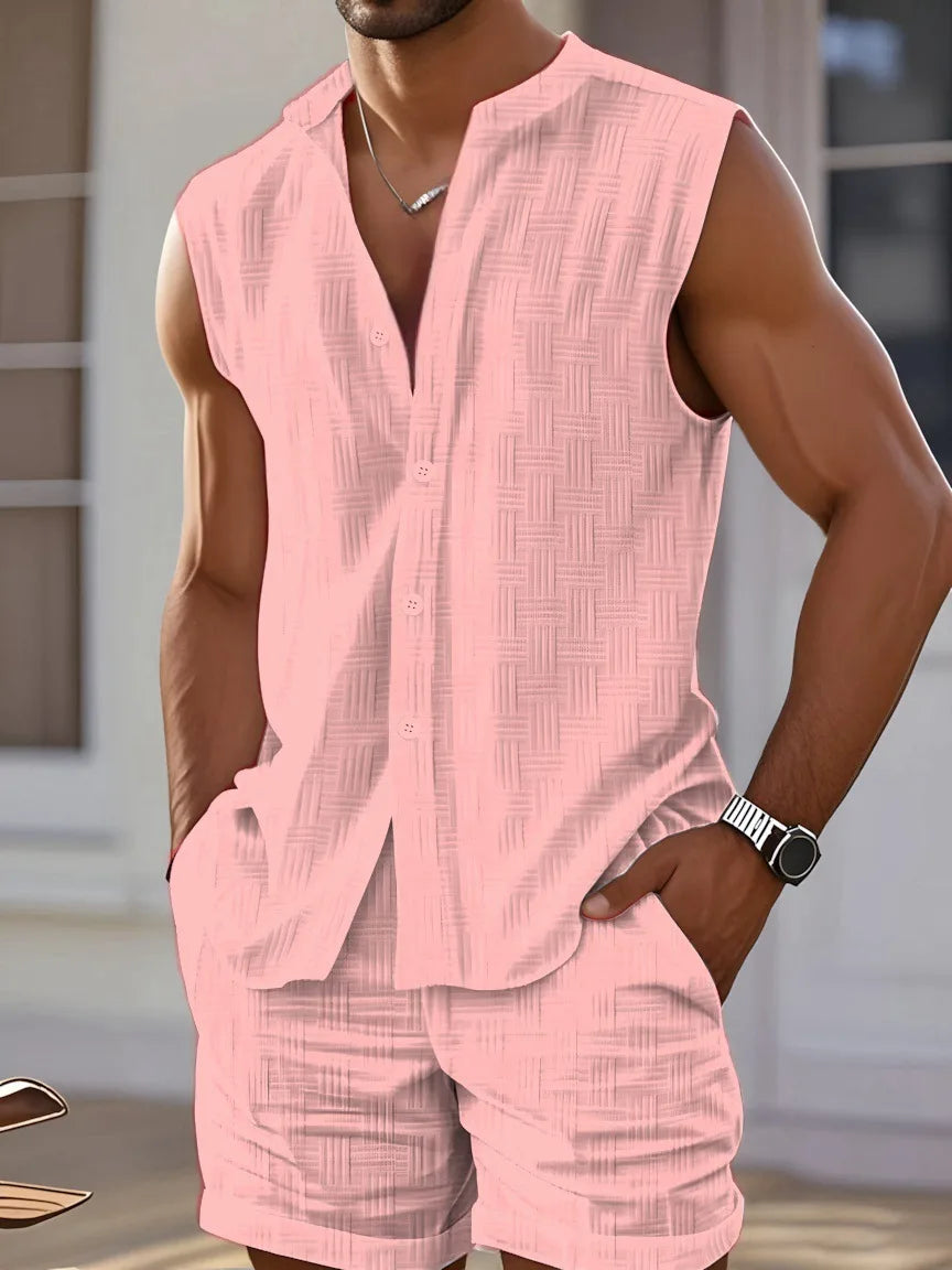Europe and the United States men's summer vest shirt casual loose sleeveless solid color shorts beach suit