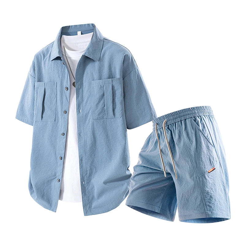 Summer Suits Men Plus Size Chest Pockets Sets Shirts Shorts Fashion Casual Polyester Tracksuit Male Clothes Big Size