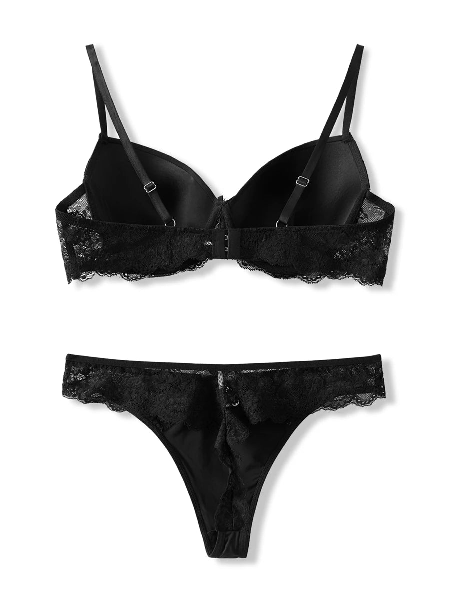 Sexy Lace Push up Bra and Panty Set with Underwire Support and Elastic Briefs - 2 Piece Lingerie Ensemble