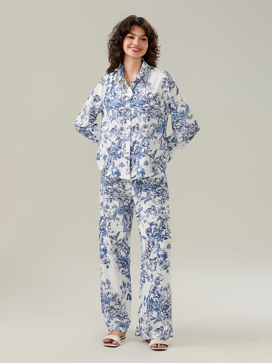 Women s Elegant Floral Print Pajama Set with Lapel Neckline Button-up Long Sleeve Top and Long Pants - Comfortable 2-Piece