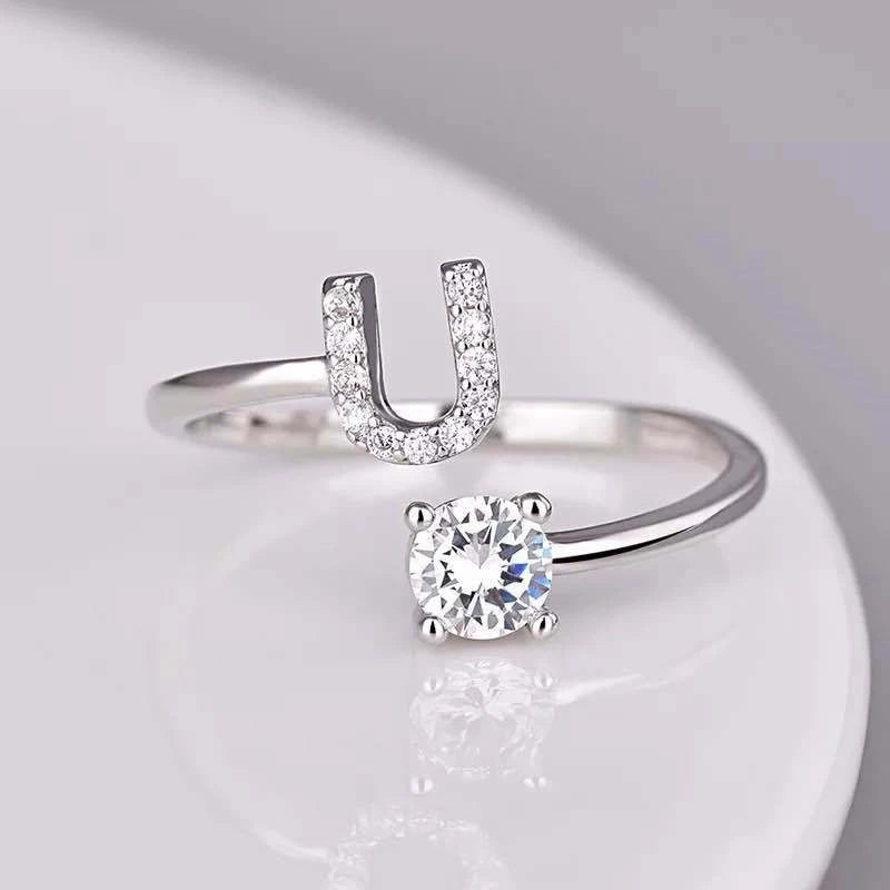 Shining Rhinestone 26 Letters Adjustable Rings  Initial A-Z Alphabet Opening Ring