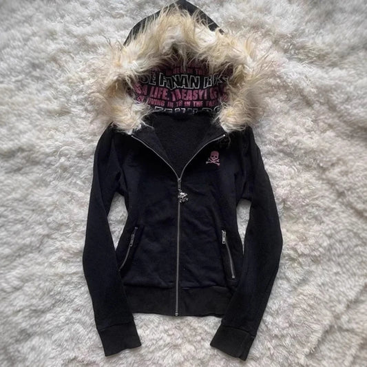 Designed fur collar long-sleeved hooded sweatshirt jacket  retro casual loose cardigan