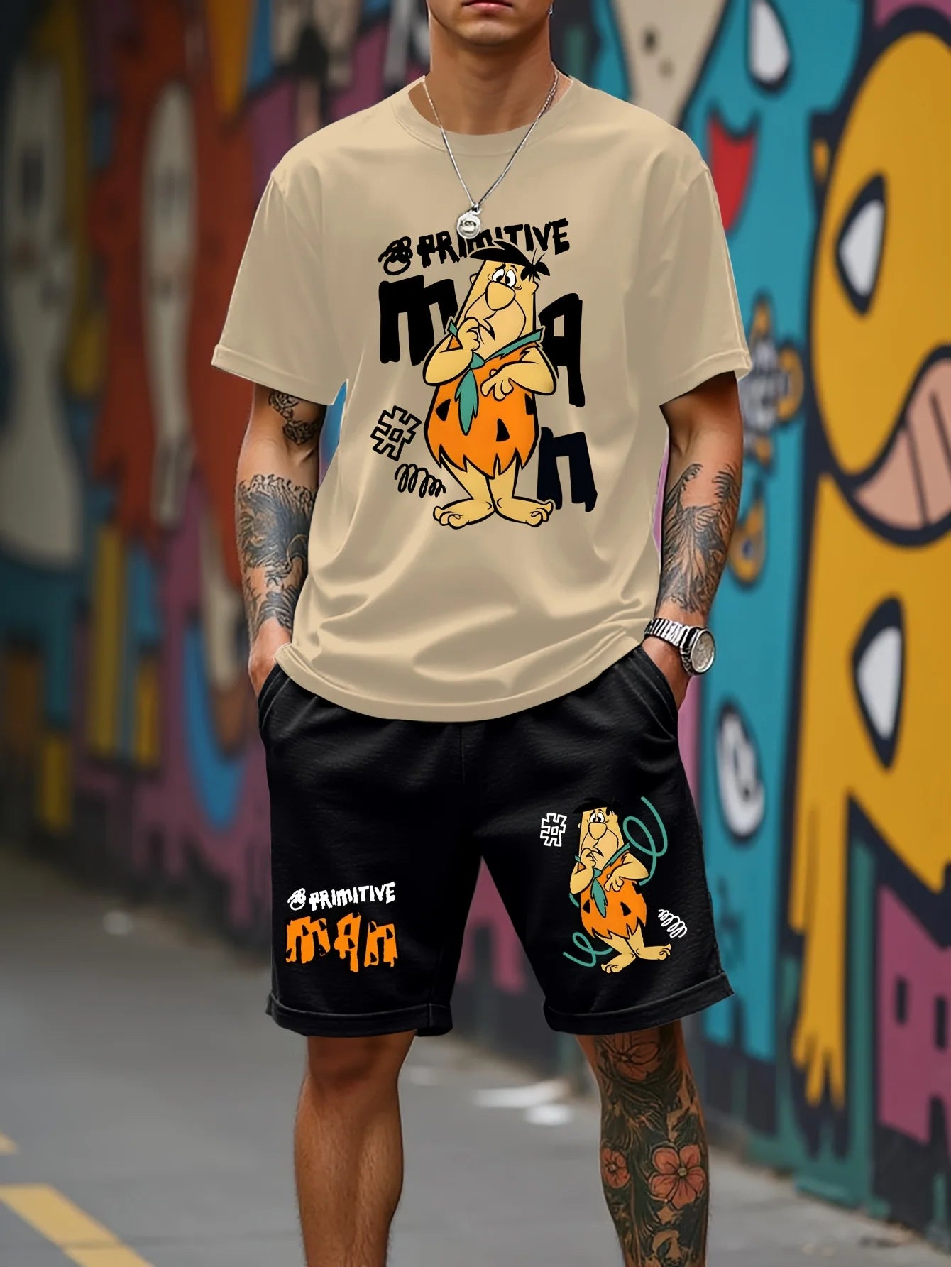 summer Flintstone's graphic men's suit High street top and shorts Comfortable, soft, breathable, lightweight and quick dry