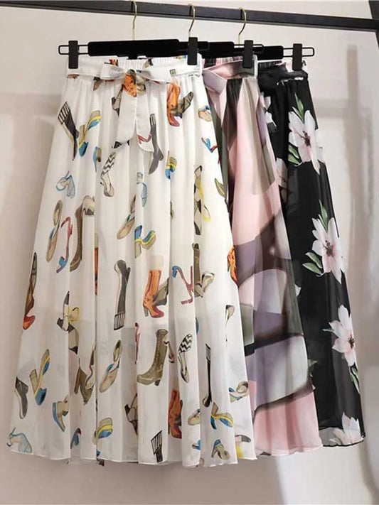 Chiffon Sun School High Waist Midi Skirt
