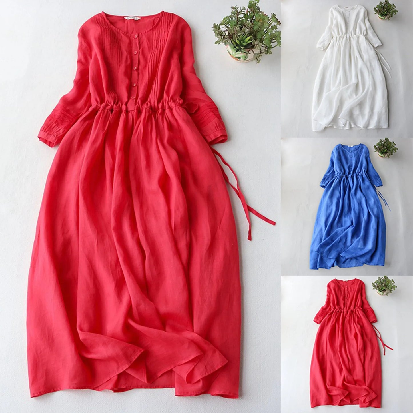 Summer Women's Loose Linen Long Dress Elegant Vintage Elastic Tunic Waist Casual Baggy Dress Female Sundress