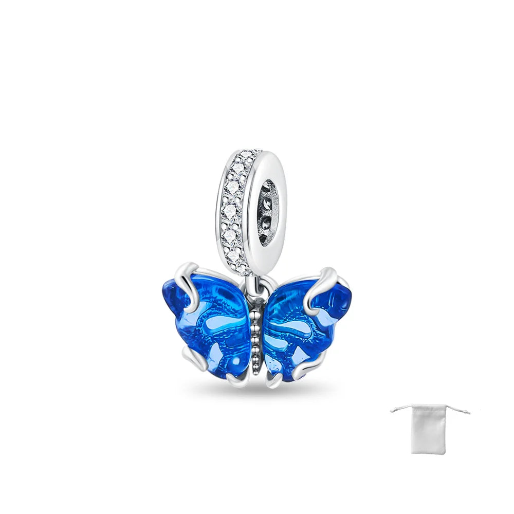 925 Sterling Silver Blue Ocean Butterfly Pendant  Fit Pandora Original Bracelet Charms