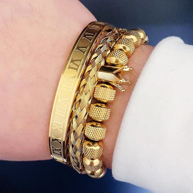 Luxury Set Crown Charms Man Bracelet Roman Stainless Steel Women Bangles Hand Jewelry
