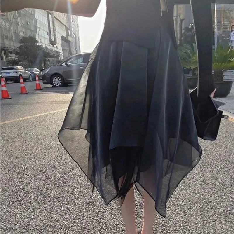 Gothic High Waist Asymmetrical Mesh A Line Midi Skirt