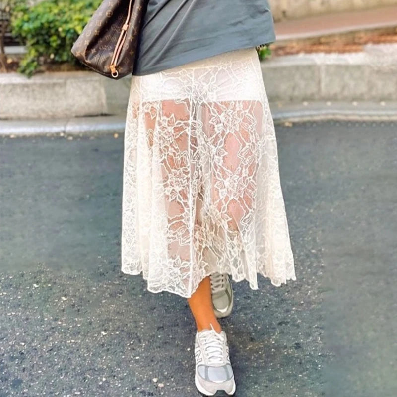 Floral Lace Maxi Skirt with Elastic Waistband and Sheer Mesh Overlay - Perfect for Layering Under Dresses