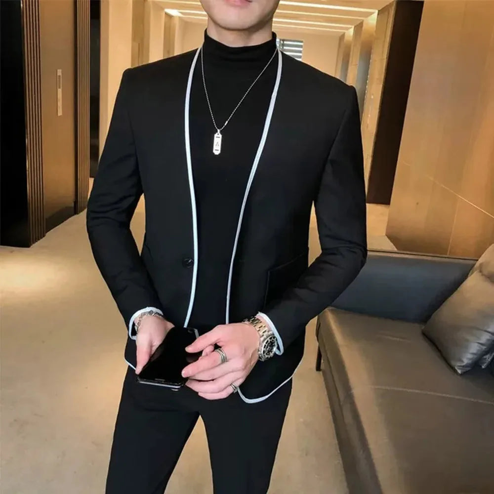 Elegant Black Gentlemen Men's Suits Slim Fit Casual Prom Party 2 Piece Jacket Pants Full Set Luxury Male Clothing Terno Blazer