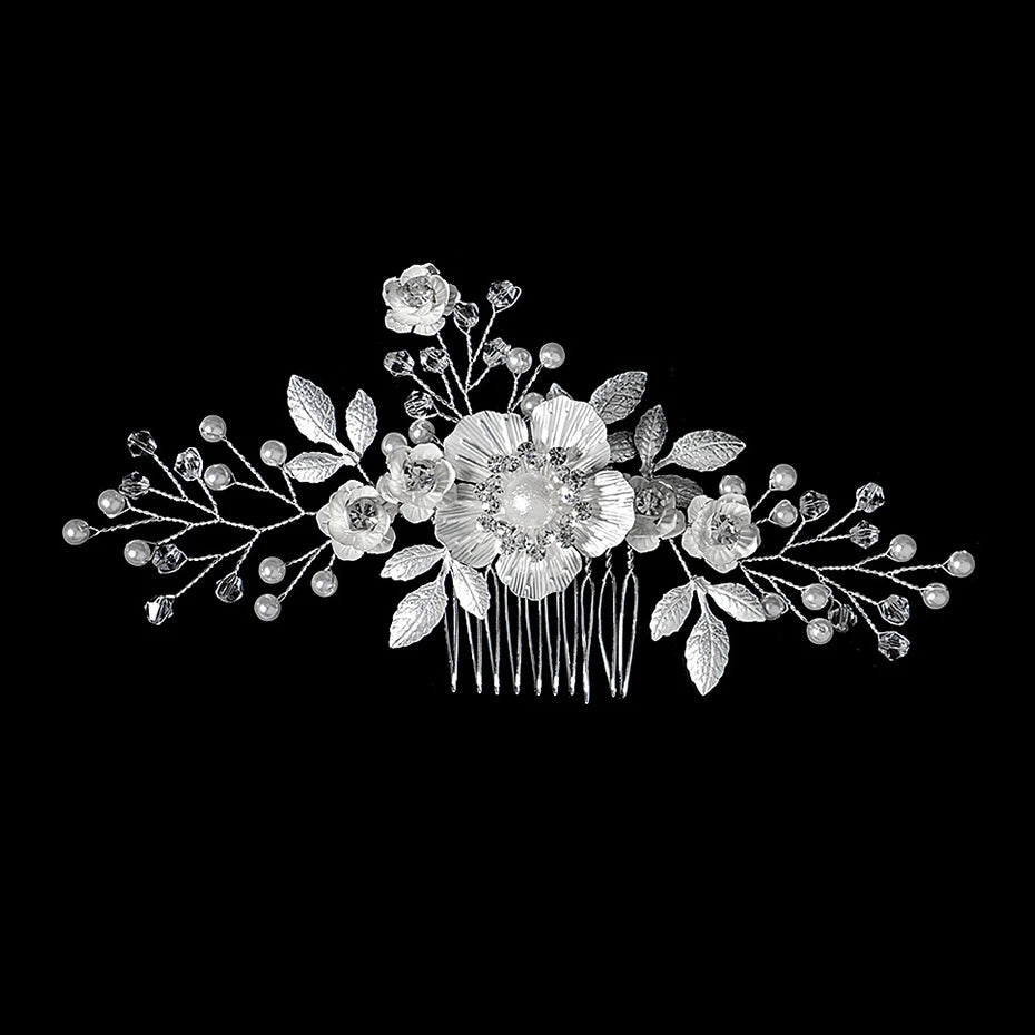 Silver Color Rhinestone Hair Comb Pearl Crystal Hair Accessories Ornament Prom Bridal Flower Headpiece Jewelry