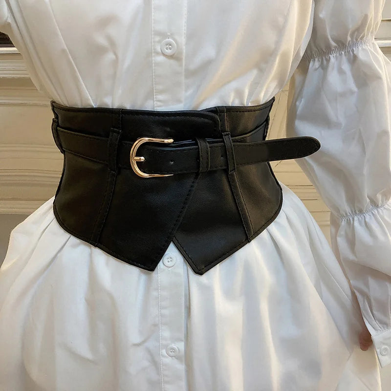 Classic Pin Buckle Wide Belts Black Elastic PU Waistband Trendy Corset Waspie Belt Classic Dress Girdle For Women