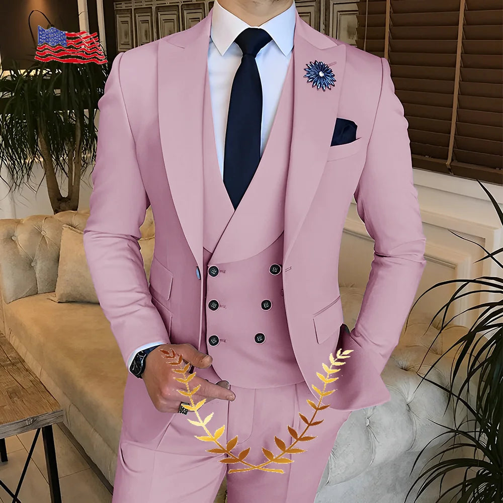 Men's Suit Jacket Pants Vest 3-piece Set Slim Fit Handsome Men Blazer for Party