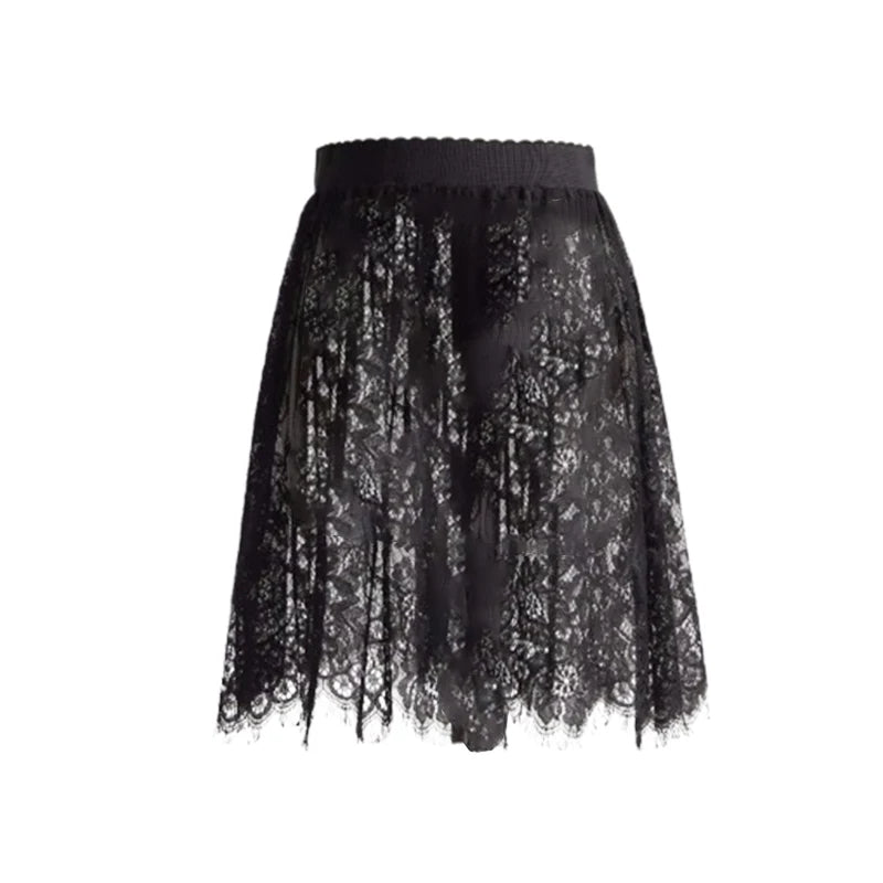 Floral Lace Maxi Skirt with Elastic Waistband and Sheer Mesh Overlay - Perfect for Layering Under Dresses
