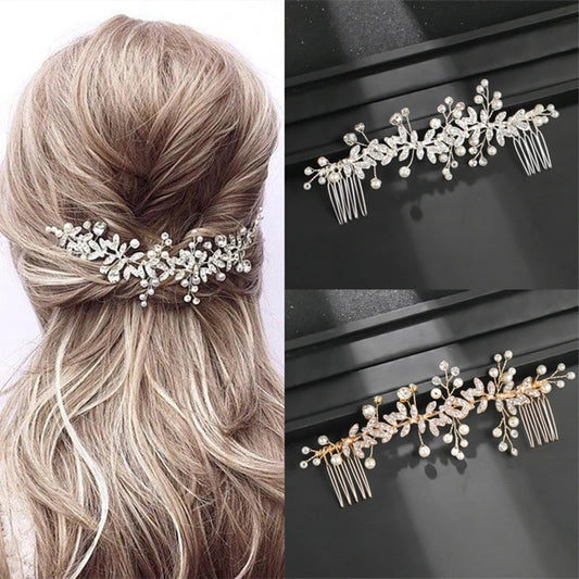 Pearl Leaf Crystal Hair Comb Hairpin Headband Tiara For Women Bride Queen Party Wedding Bridal Hair Accessories Jewelry