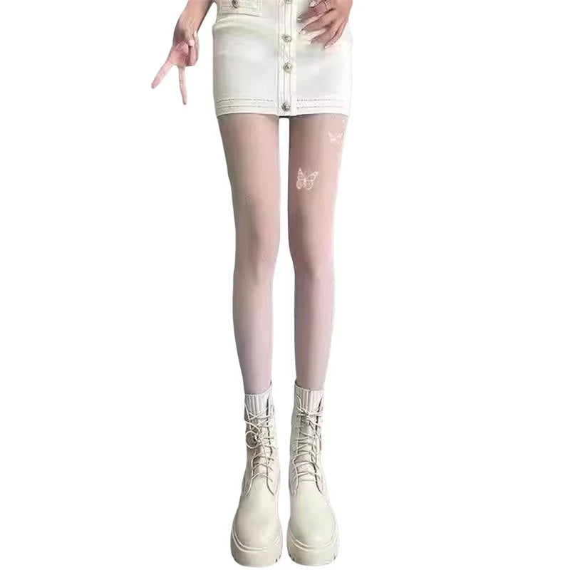 Floral Lace High Waist Tights Sheer Pantyhose  Stockings with Bow Detail and Back Seam