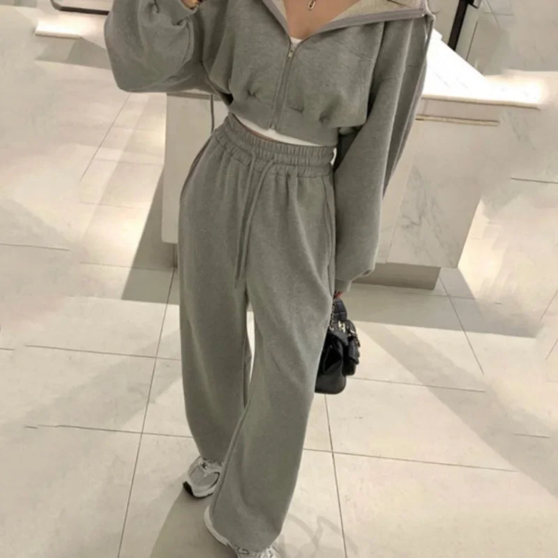 Chic Fall Niche Temperament Hooded Long-sleeved Short Sweater High-waisted Tie Peplum Wide-legged Casual Pants