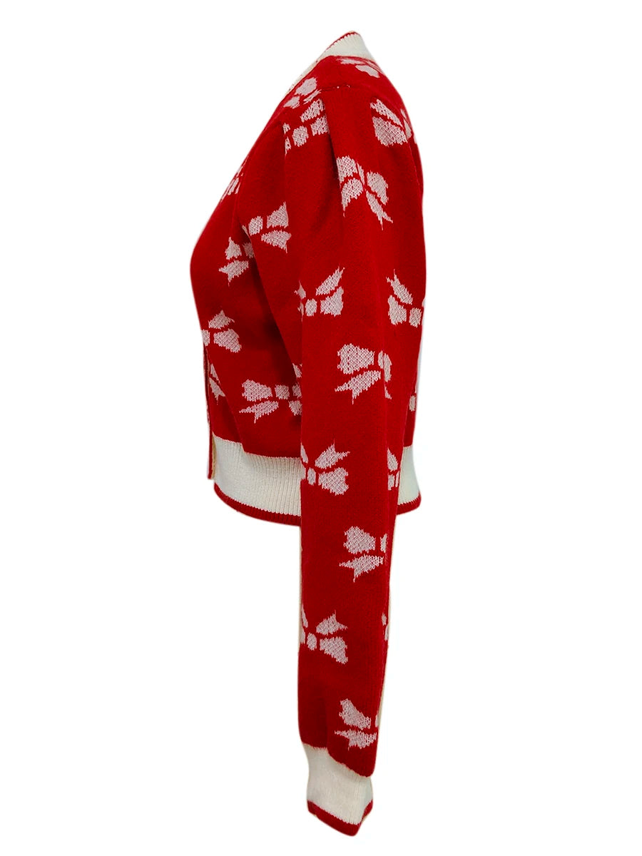 Women s V-Neck Button Up Cardigan with Long Puff Sleeves and Bow Print Detail - Cozy Knit Sweater