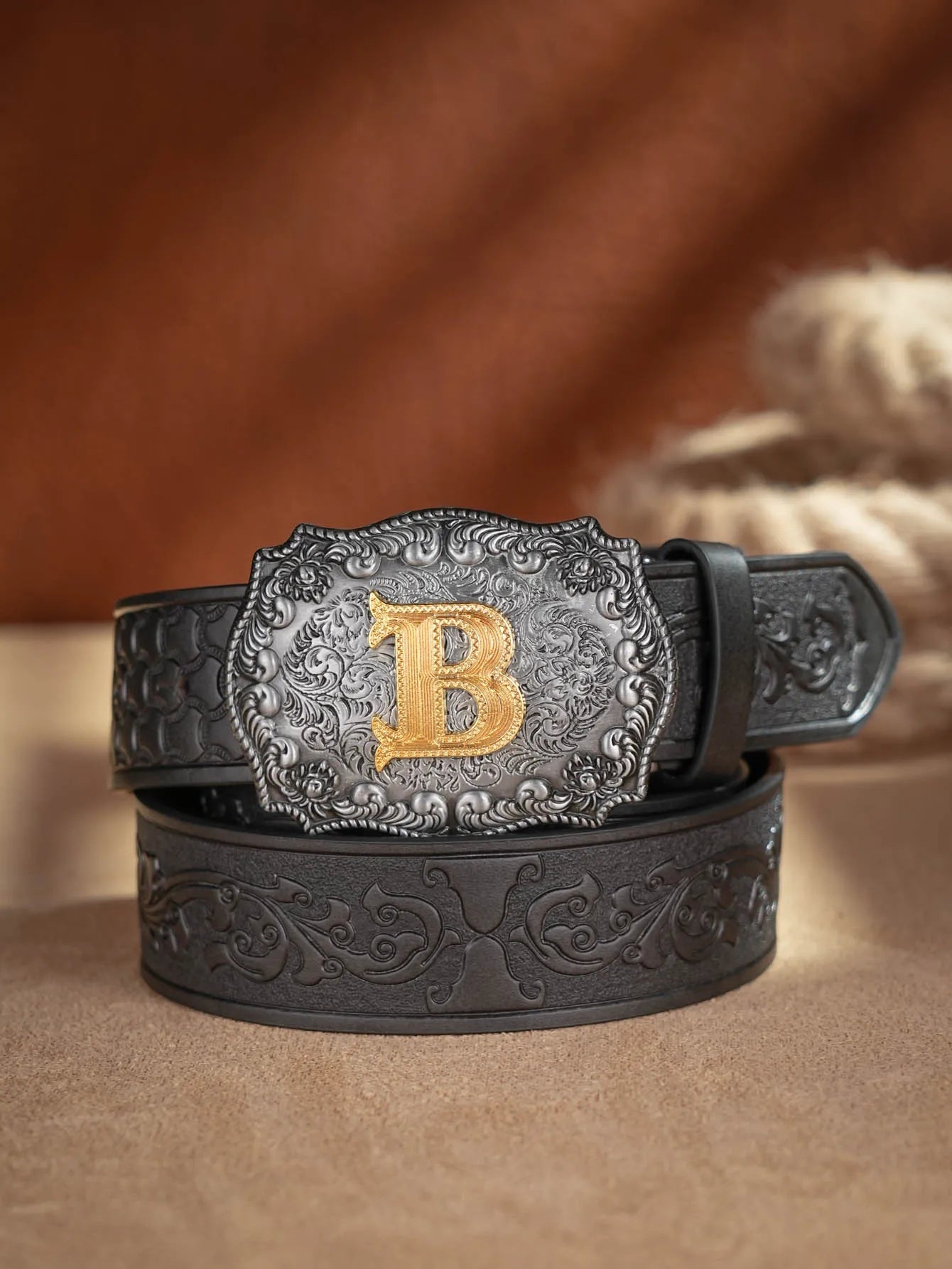 Western Cowboy PU Leather Belt  Waist Strap Bull Decoration Floral Engraved for Jeans