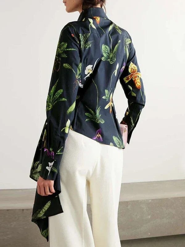Women‘s Elegant Shirts & Blouses Spring Autumn Long Sleeve Flower Print Asymmetric Office Daily Top Woman Clothing