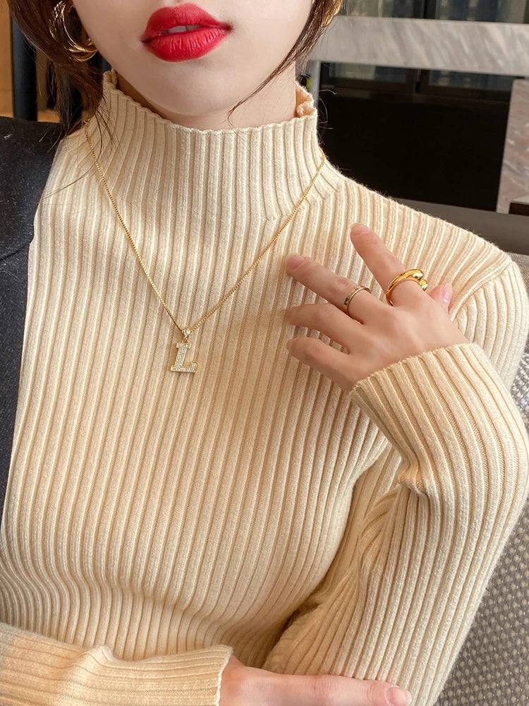 Elegant Solid Basic Knitted Tops Women Mock Turtleneck Sweater Long Sleeve Casual  Pullover Simple Chic Clothes