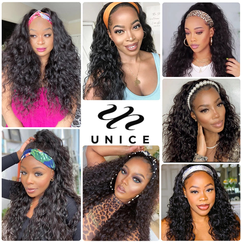 UNice Hair Water Wave Headband Wig 100% Human Hair Wigs Ready To Wear Beginner Friendly Glueless Wigs Send Free Headband Scarf