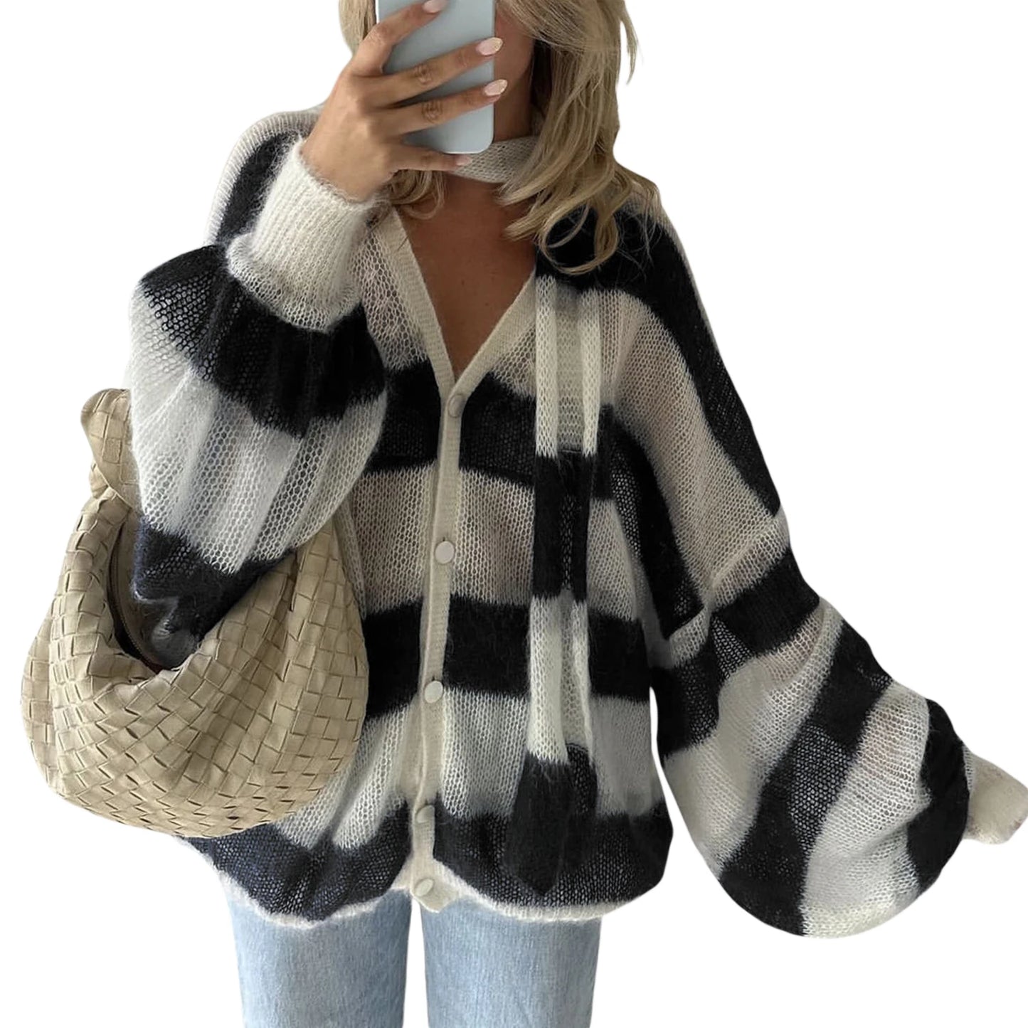 Ladies Cozy Striped Knit Cardigan with V-Neck Long Sleeves Button-Front Closure and Matching Scarf for a Stylish Look