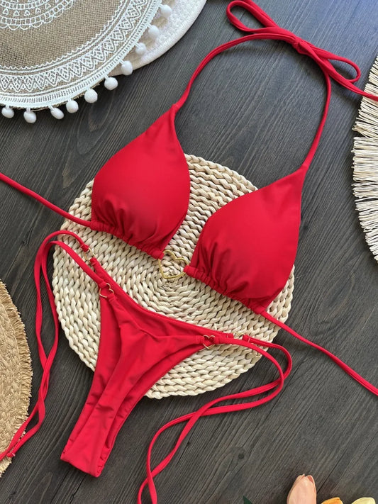 Red Solid Color Bikini Set for Women Triangle Cup Halter Backless Swimsuit  Beach Vacation Thong Swimwear