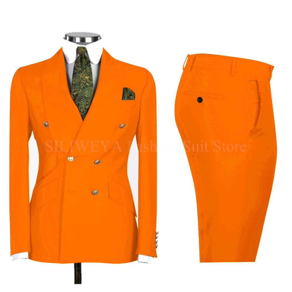 Gold Men Business Casual Men's Suits Jacket Pants Set Male Blazer Coat Pants 2PCS Slim Fit Suits