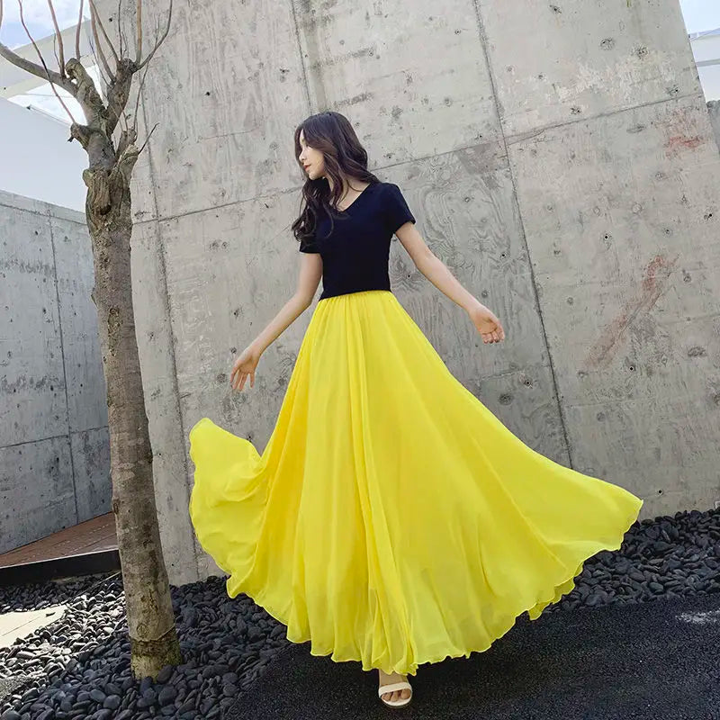 Pleated High Waist Chiffon Long Skirt