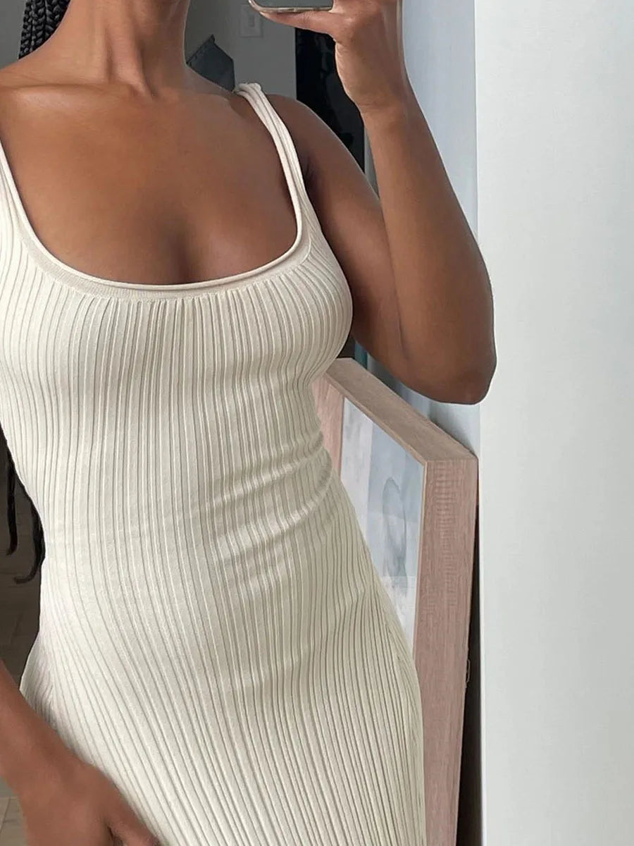 Knit Tank Dress Casual Summer Sleeveless U-Neck Long Dress for Cocktail Beach Club Streetwear