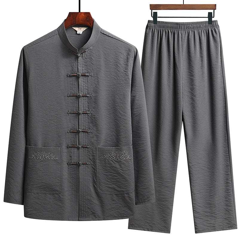 Chinese Traditional Clothing Set Man Fall Linen Buckle Shirt Oriental Retro Top Pants Tai Chi Breathable Uniforms