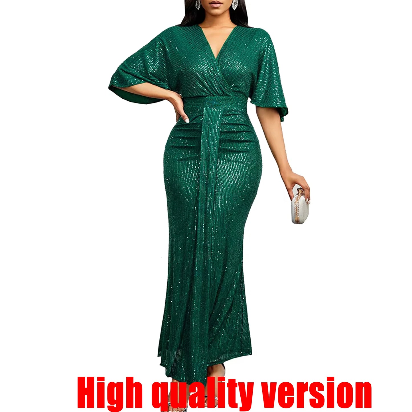 Sequin Dress V-Neck Ruffles Short Sleeves Vintage