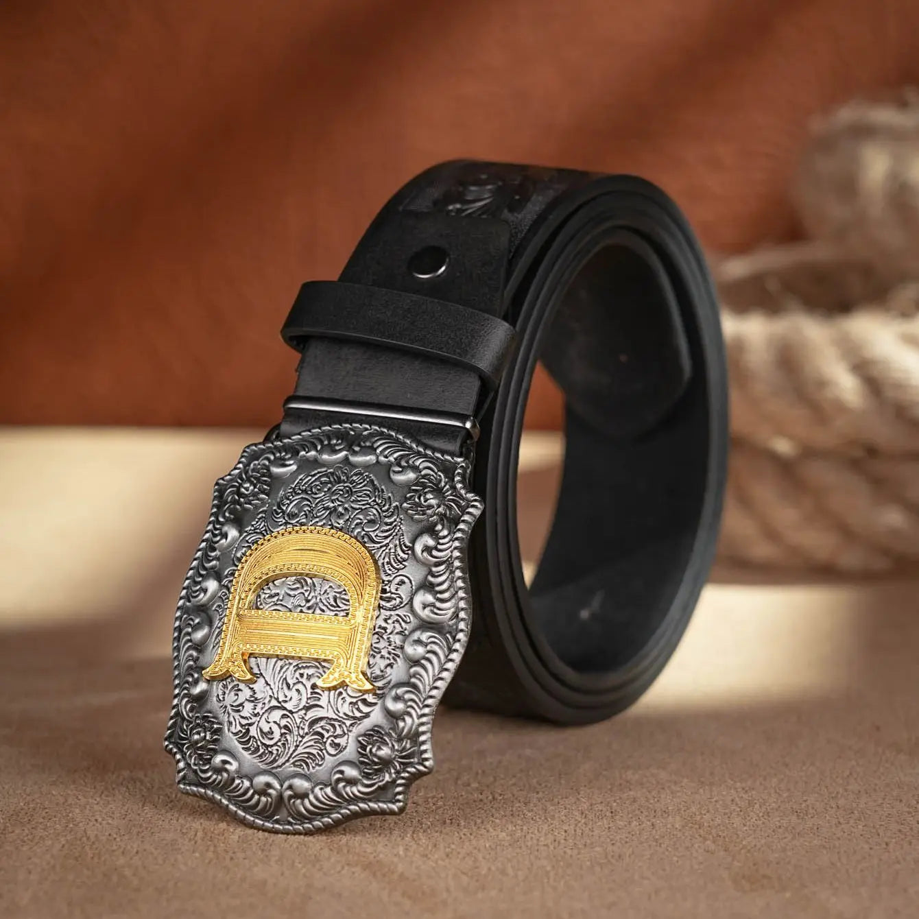 Western Cowboy PU Leather Belt  Waist Strap Bull Decoration Floral Engraved for Jeans