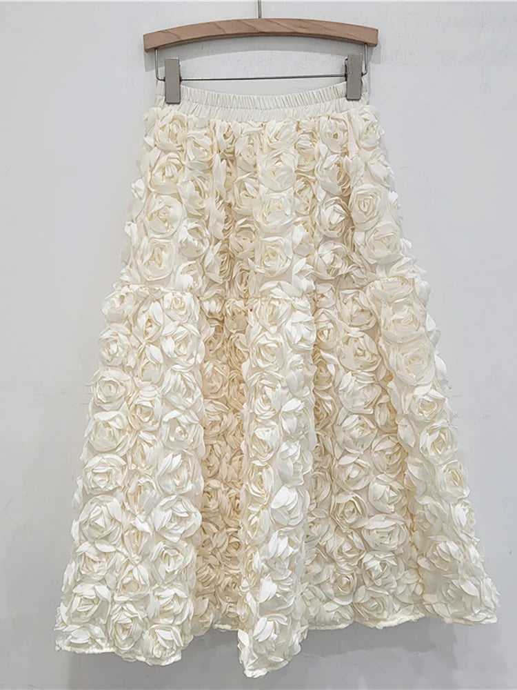 A-line 3d Rose Flowers Design Pleated  Long Skirt
