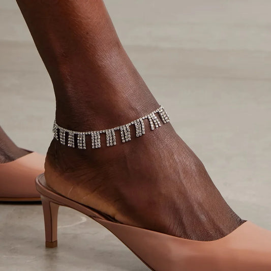 Rhinestone Chain Short Tassel Anklet Foot Jewelry  Boho Beach Ankle Bracelet