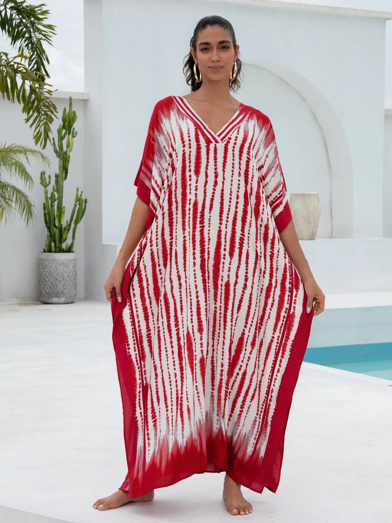 Red Stripe Women  Loose Fitting Long Robe Beach Vacation V-neck Sunscreen Clothing
