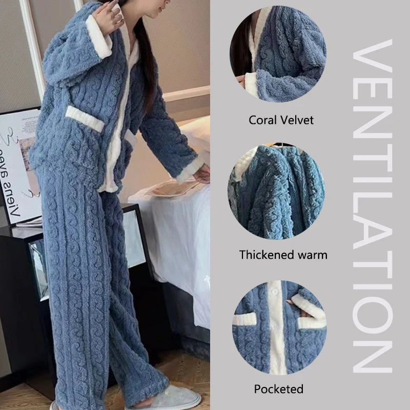 2pcs/Set Autumn And Winter Pajamas Women Thickened Padded Warm Velvet Suit Cardigan Trousers