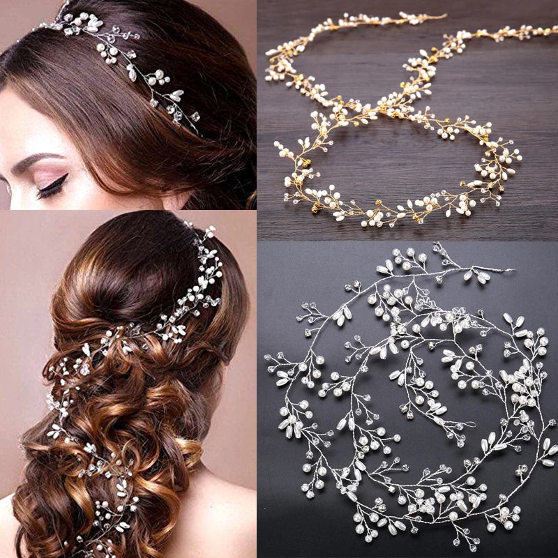 35/50cm Long Handmade Crystal Pearl Hair Band Headdress Wedding Hair Accessories Beads Headband Jewelry Fashion Headdress