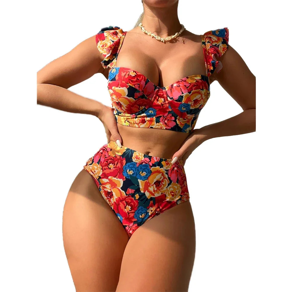 Floral Print Swimsuit Women 2 Piece Ruffle Bikini  Underwire Push Up Bathing Suit High Waist Swimwear