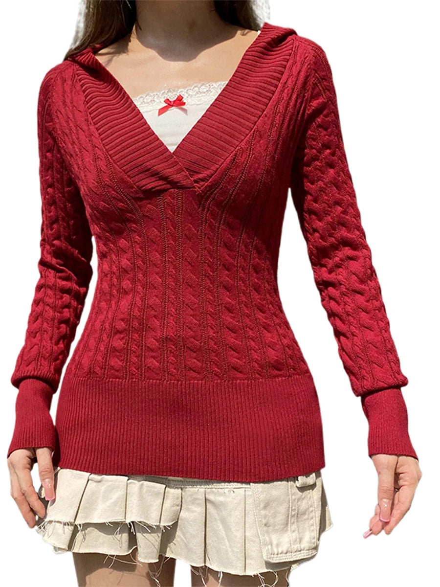 Ladies Cozy Fall Hooded Sweater with Classic Cable Knit Design Stylish V-Neckline and Warm Long Sleeves for Chilly Days