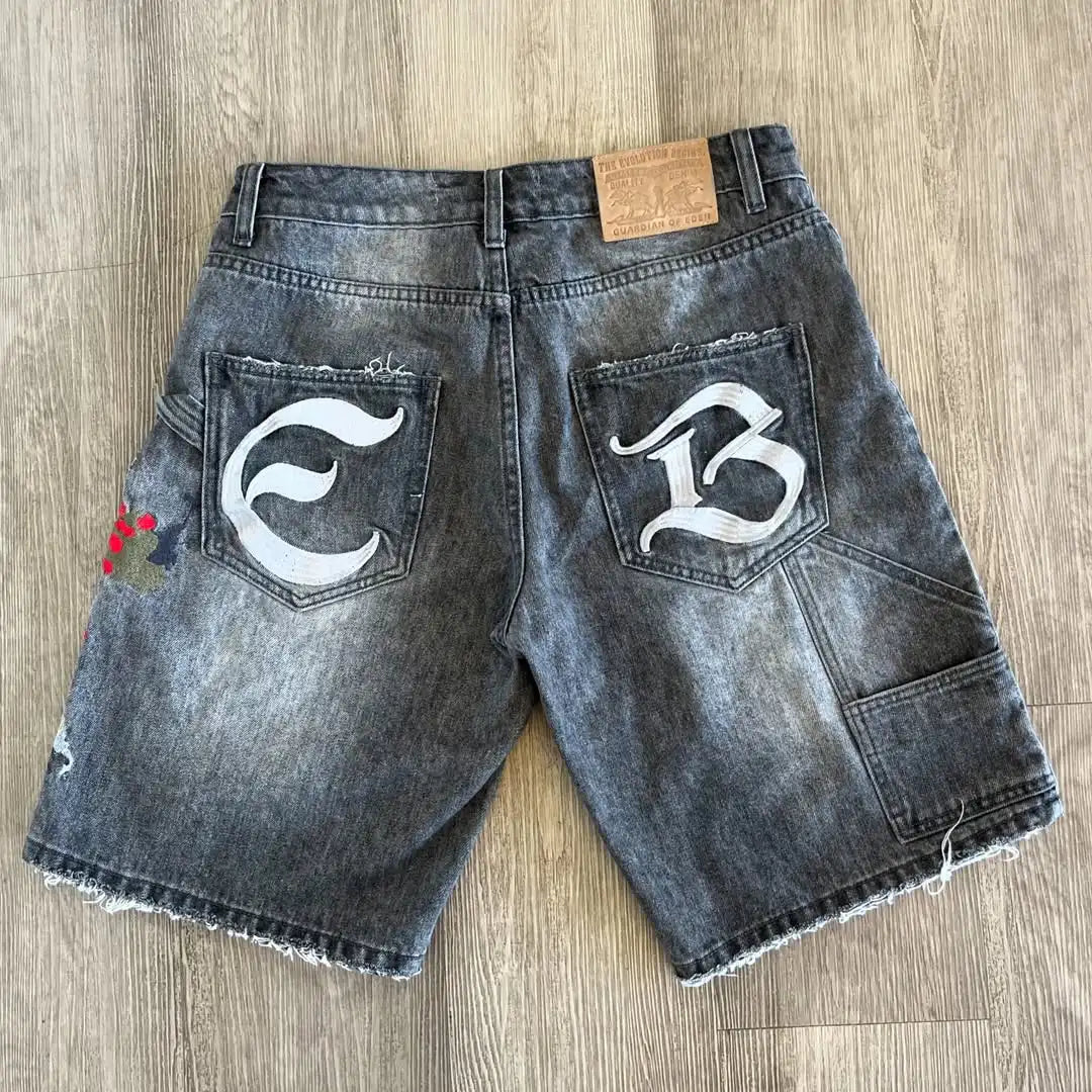 American Fashion Embroidered Denim Shorts High Street Denim Shorts Trendy Street Denim Shorts