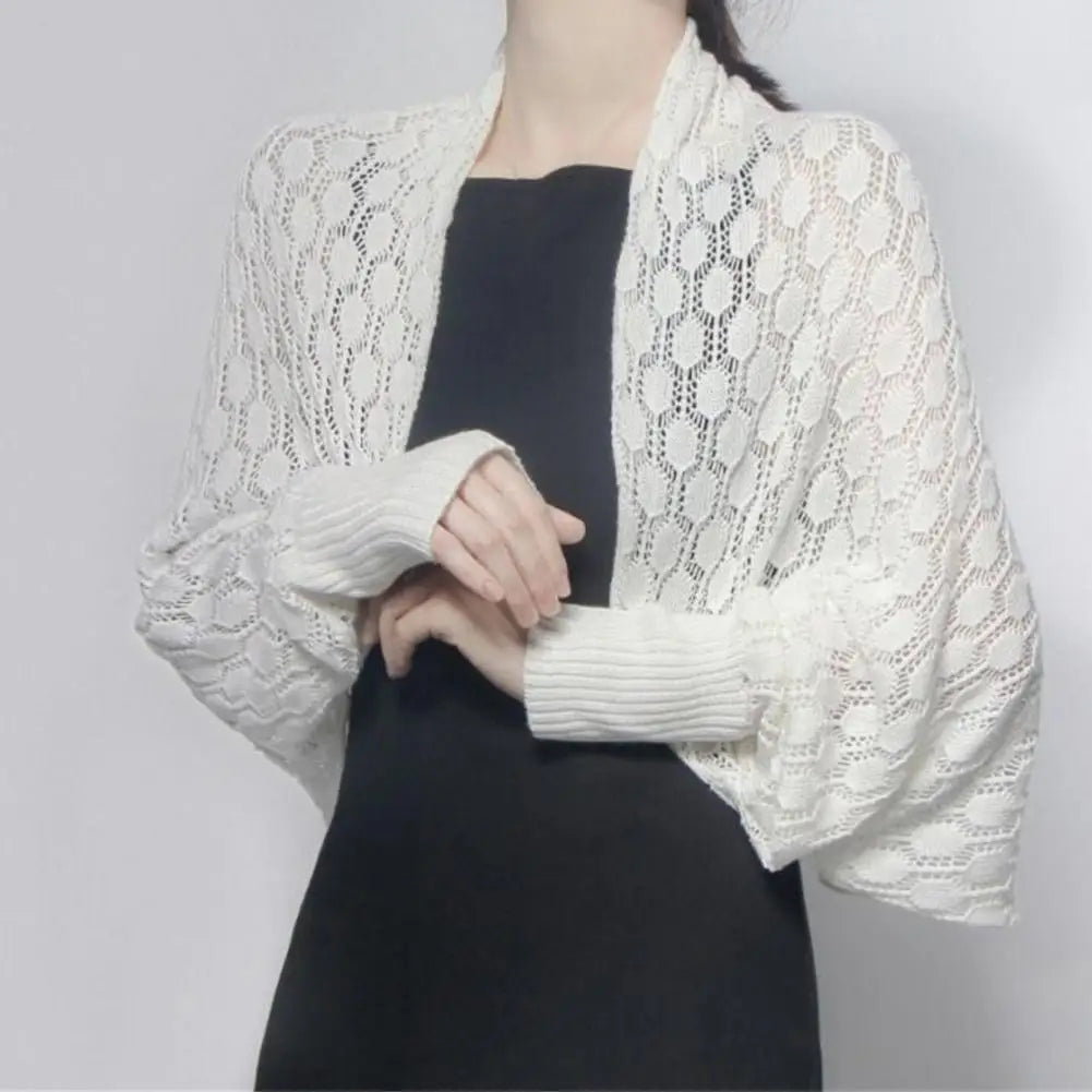 Women Shawl Long Sleeve Soft Fabric Cardigan Open Stitch  Solid Color See-through Hollow Out